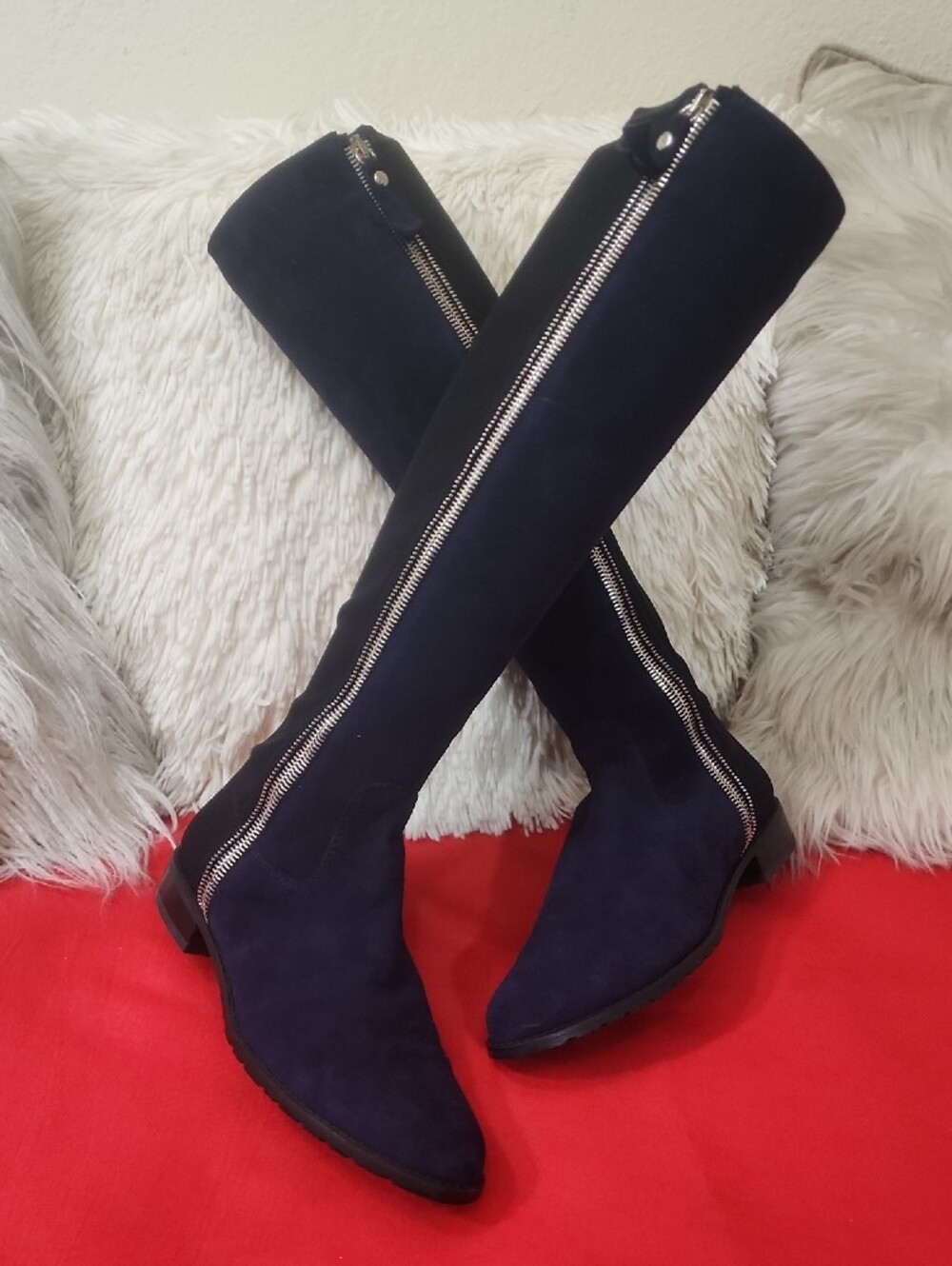 Stuart Weitzman Navy Suede Knee High Boots with Silver Zippers